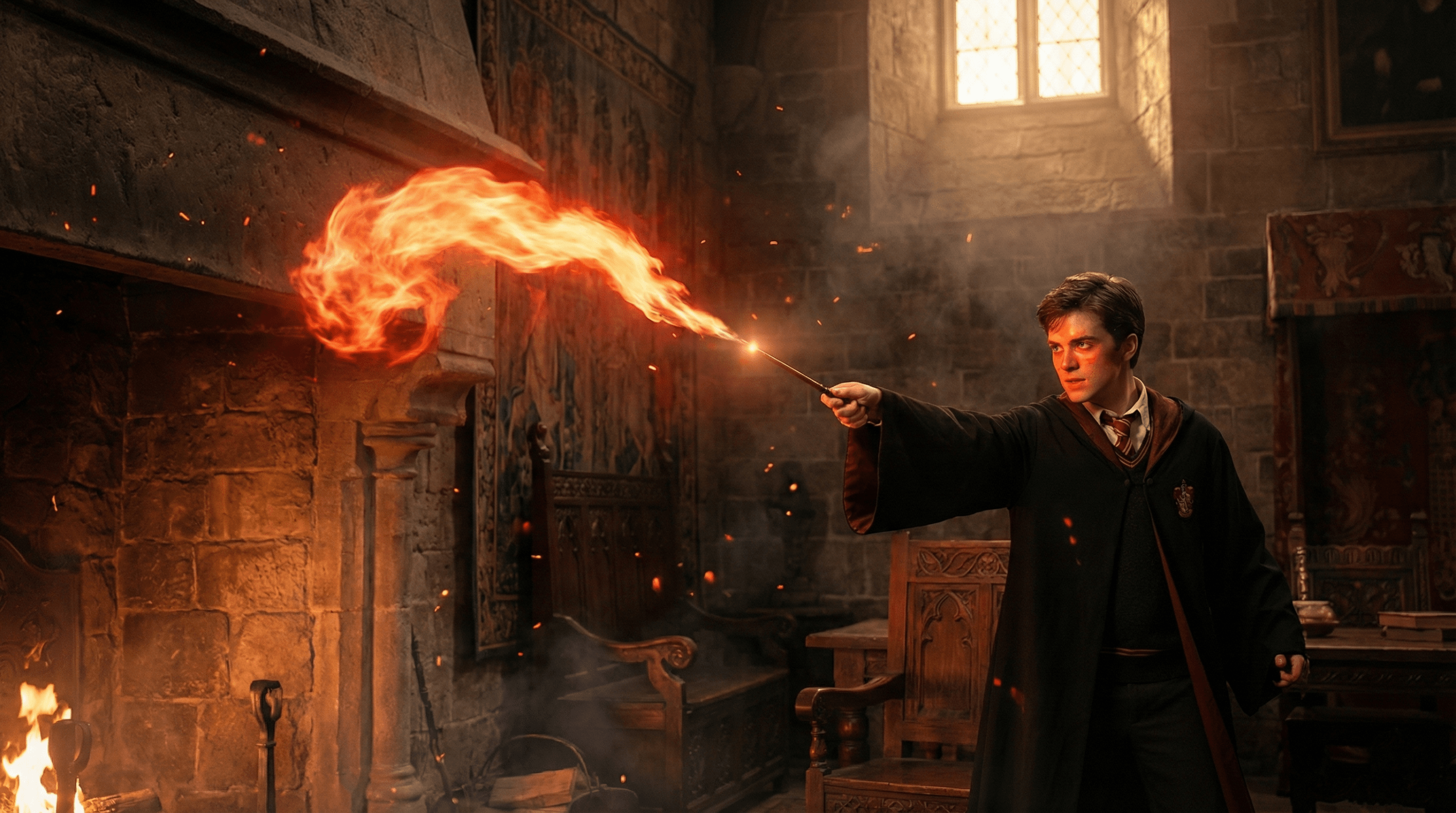 Young wizard casting Incendio fire-making spell in Hogwarts castle room