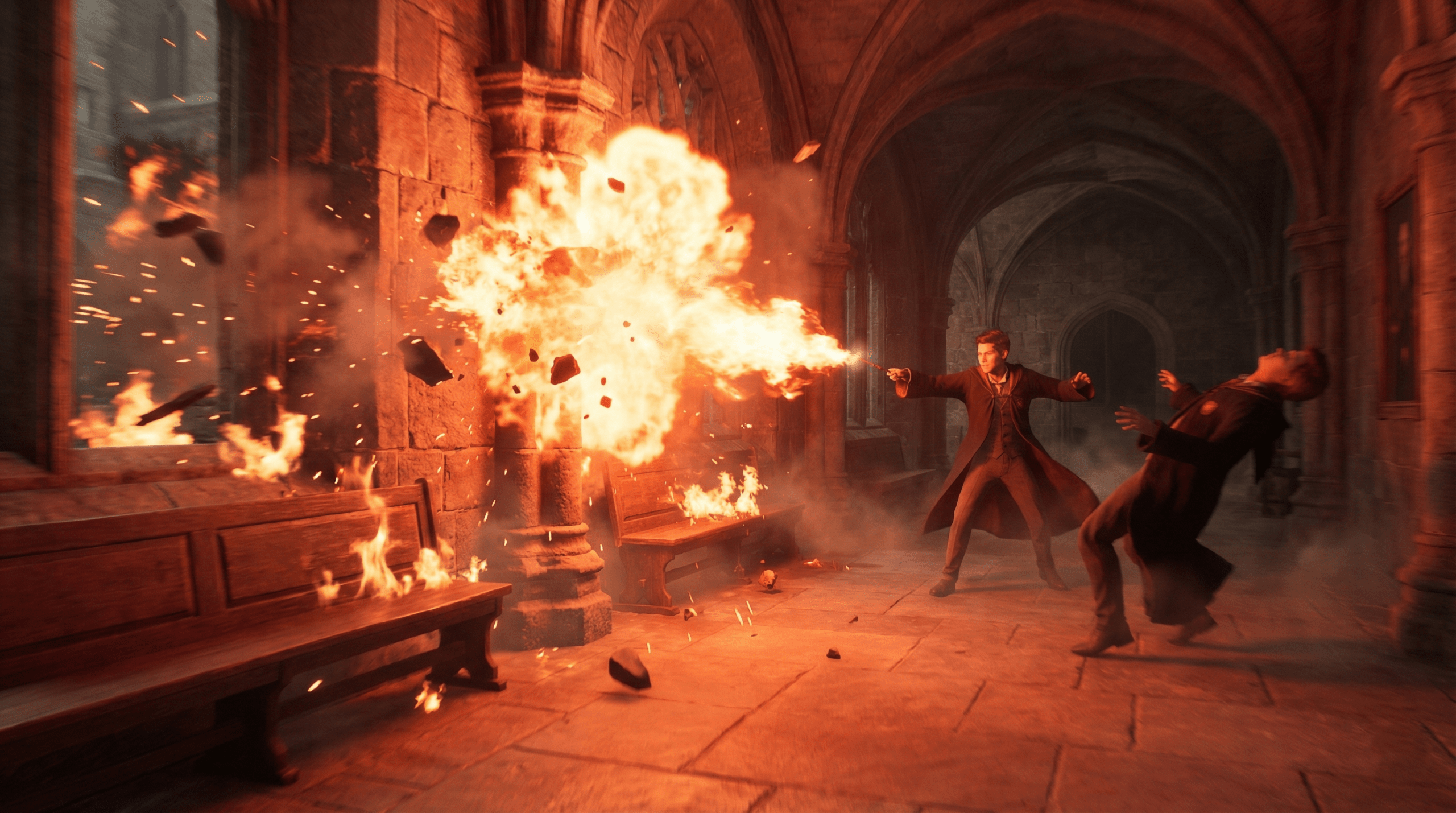 Wizard casting Confringo blasting curse with explosive fire in Hogwarts duel