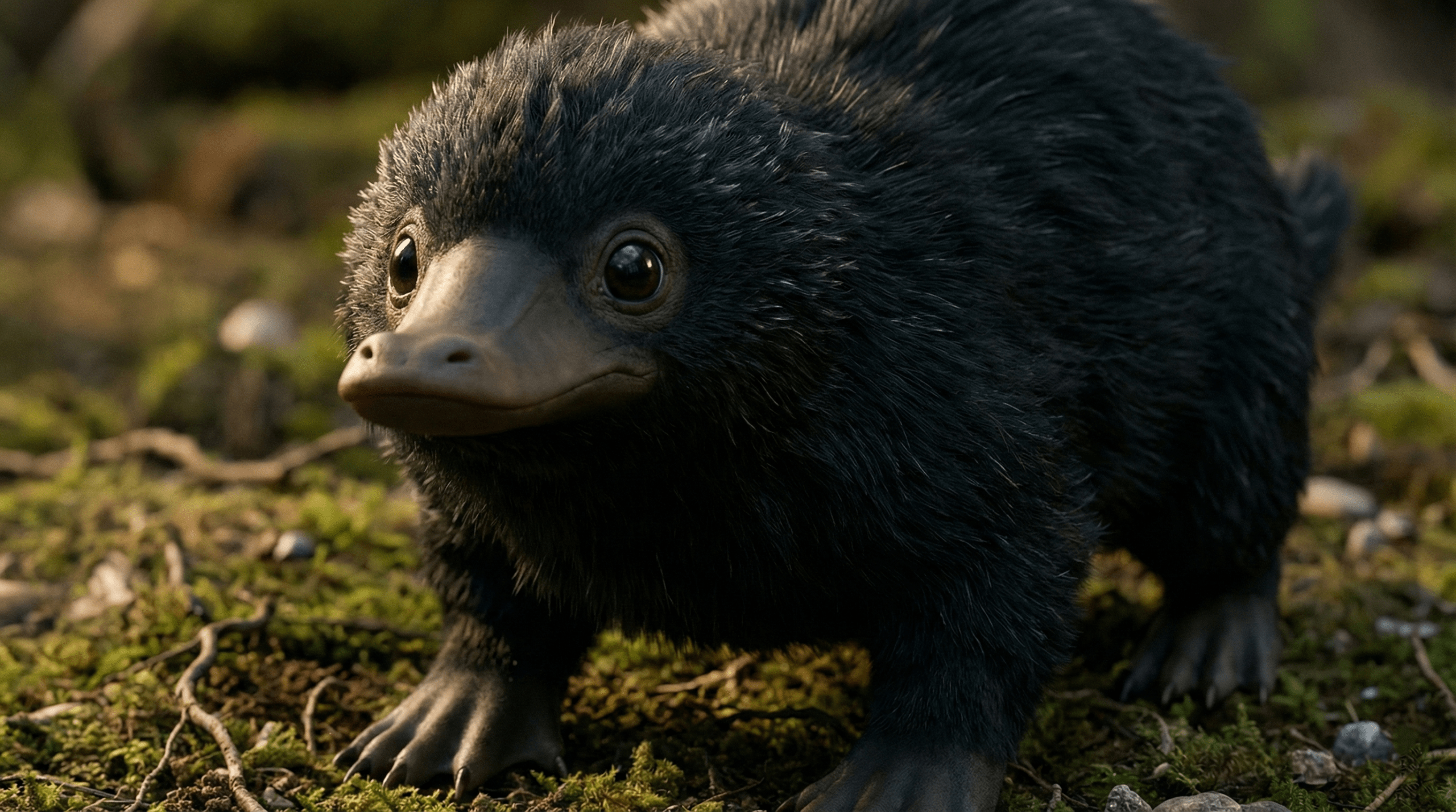 Close-up of a fluffy black Harry Potter Niffler showing its long snout and expressive eyes
