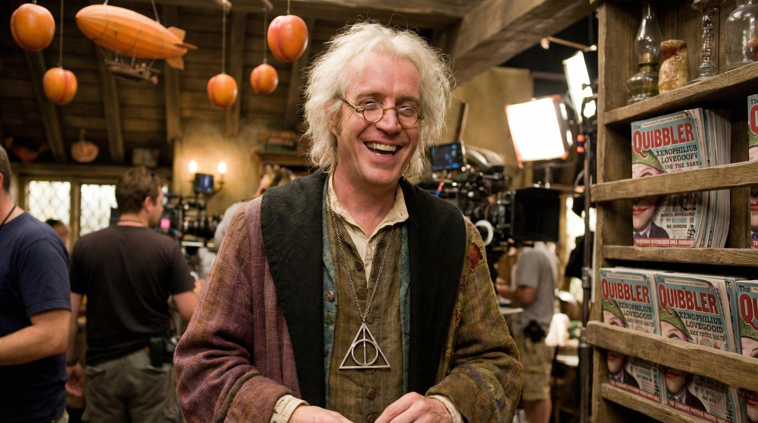 Behind-the-scenes photo of Rhys Ifans as Xenophilius Lovegood on the Harry Potter and the Deathly Hallows set in the Lovegood home