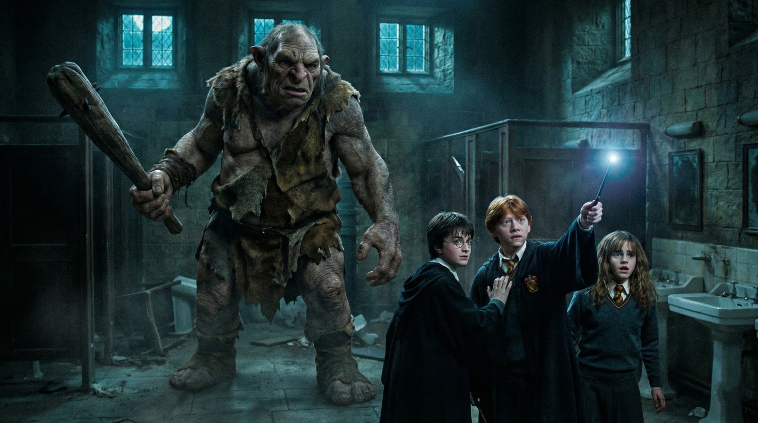 Harry, Ron, and Hermione facing the mountain troll in the Hogwarts bathroom – the moment their friendship truly began