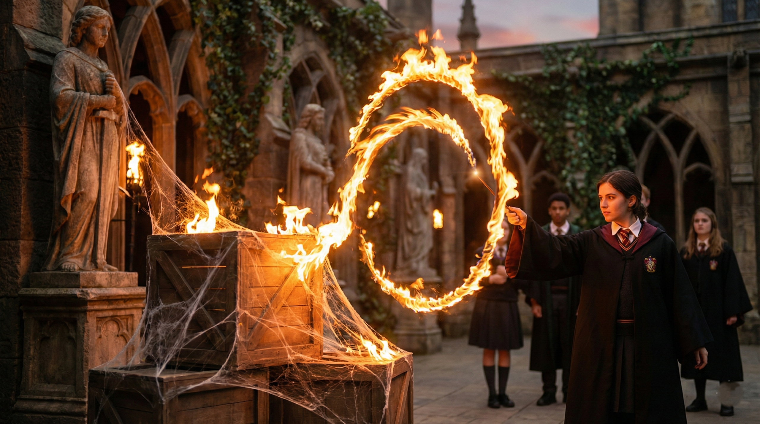 Hogwarts Legacy student casting advanced Incendio fire spell in castle courtyard