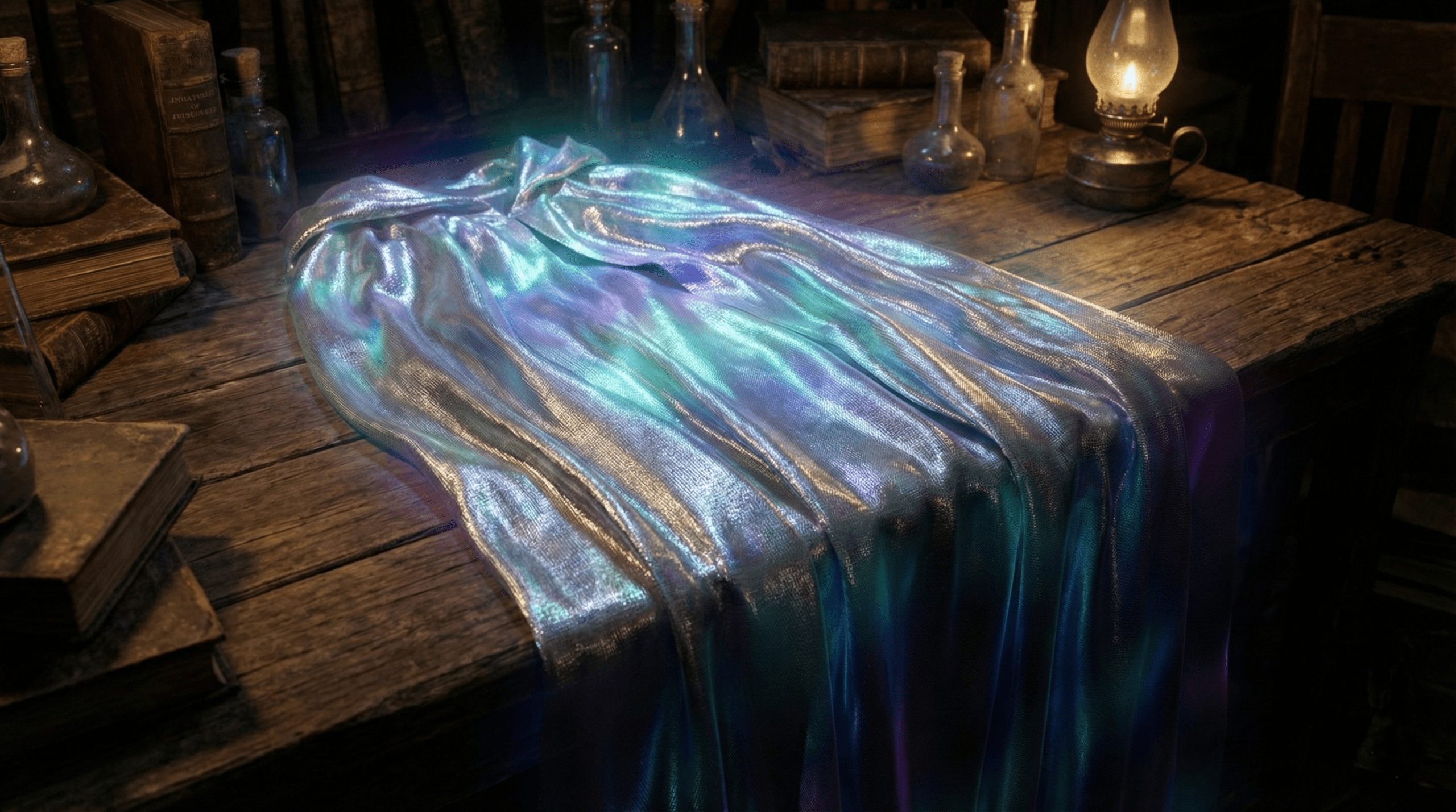 Close-up of Harry Potter's legendary Cloak of Invisibility showing its shimmering silvery fabric and eternal magical quality