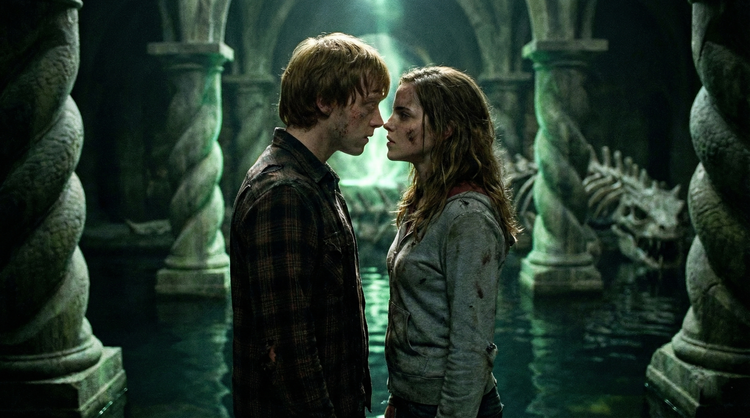 Ron and Hermione’s long-awaited first kiss in the Chamber of Secrets during the final battle