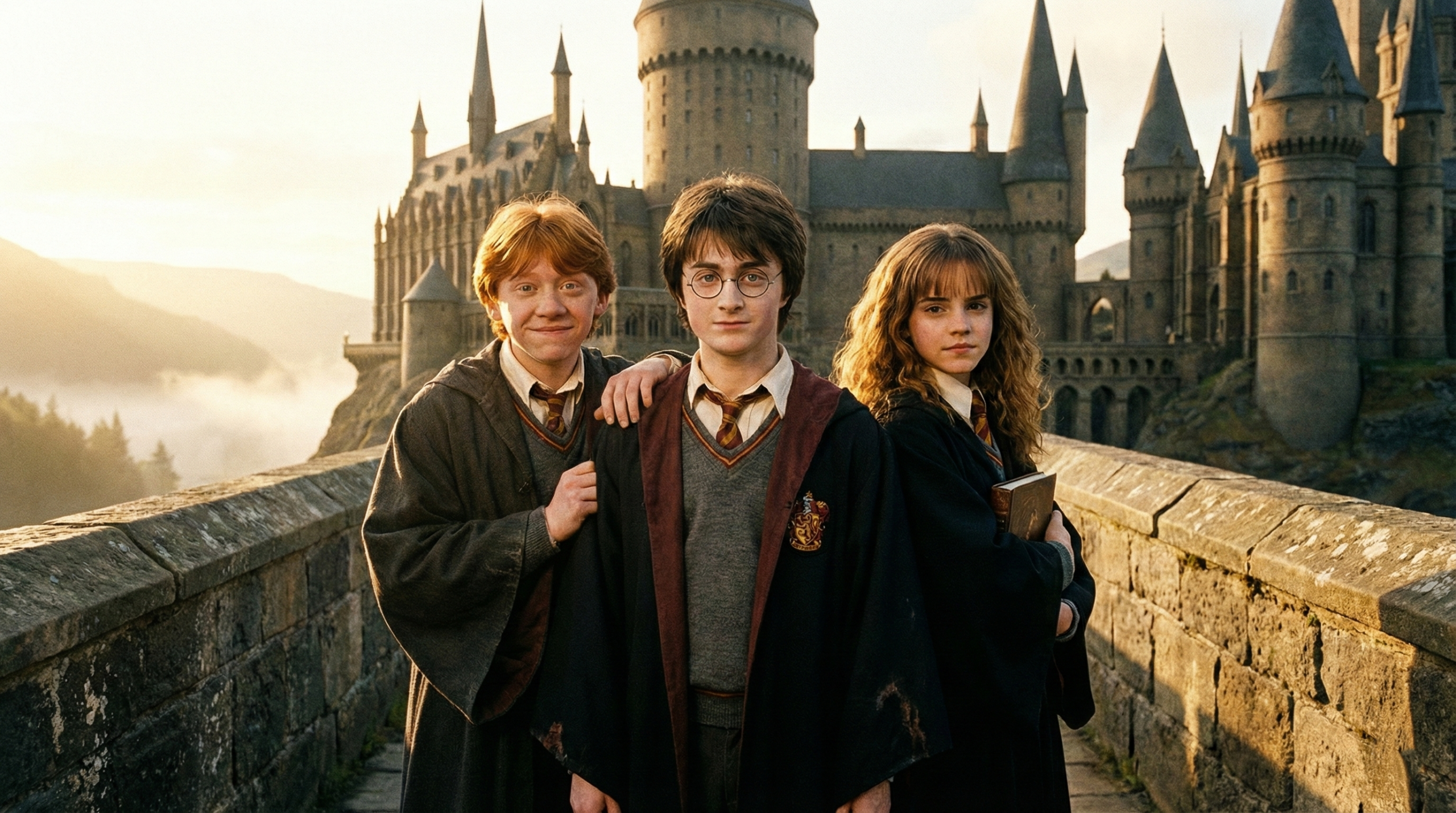 The Golden Trio – Harry, Ron, and Hermione standing together with Hogwarts in the background, representing their most legendary moments