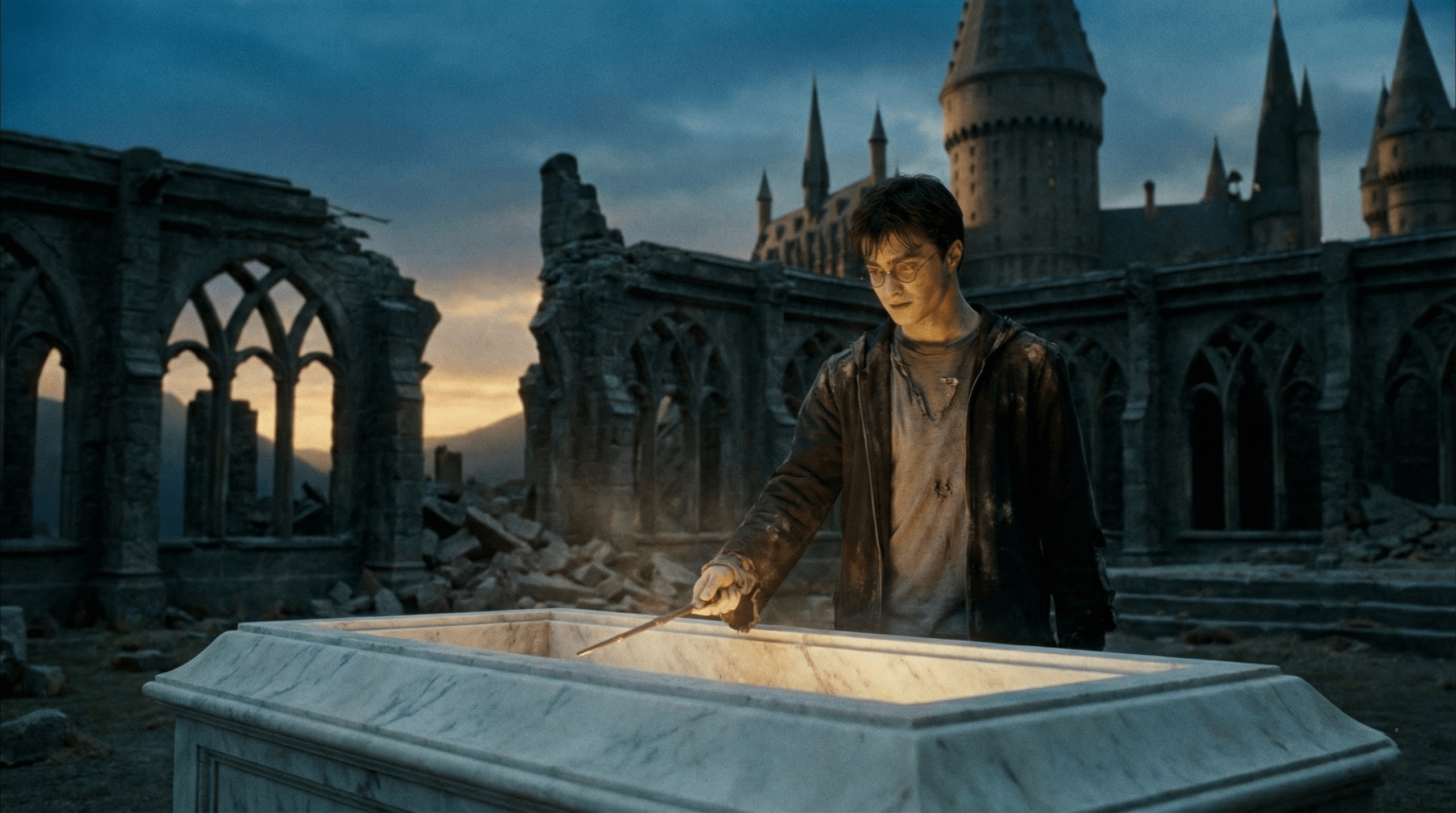 Harry Potter returning the Elder Wand to Dumbledore's tomb to end its cycle of power in Harry Potter and the Deathly Hallows