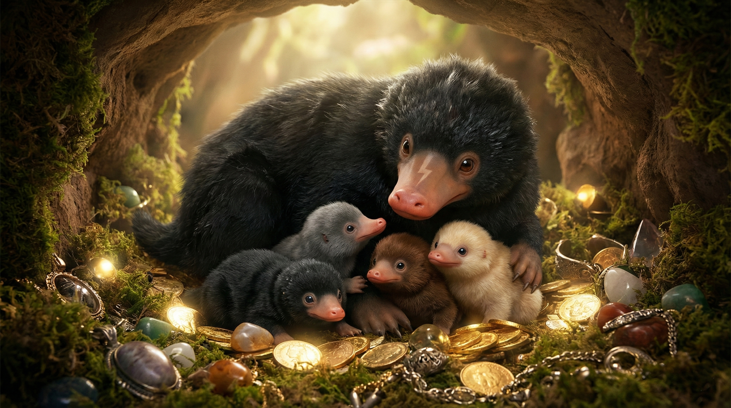 Adorable Harry Potter Niffler family with baby Nifflers in a cozy magical burrow