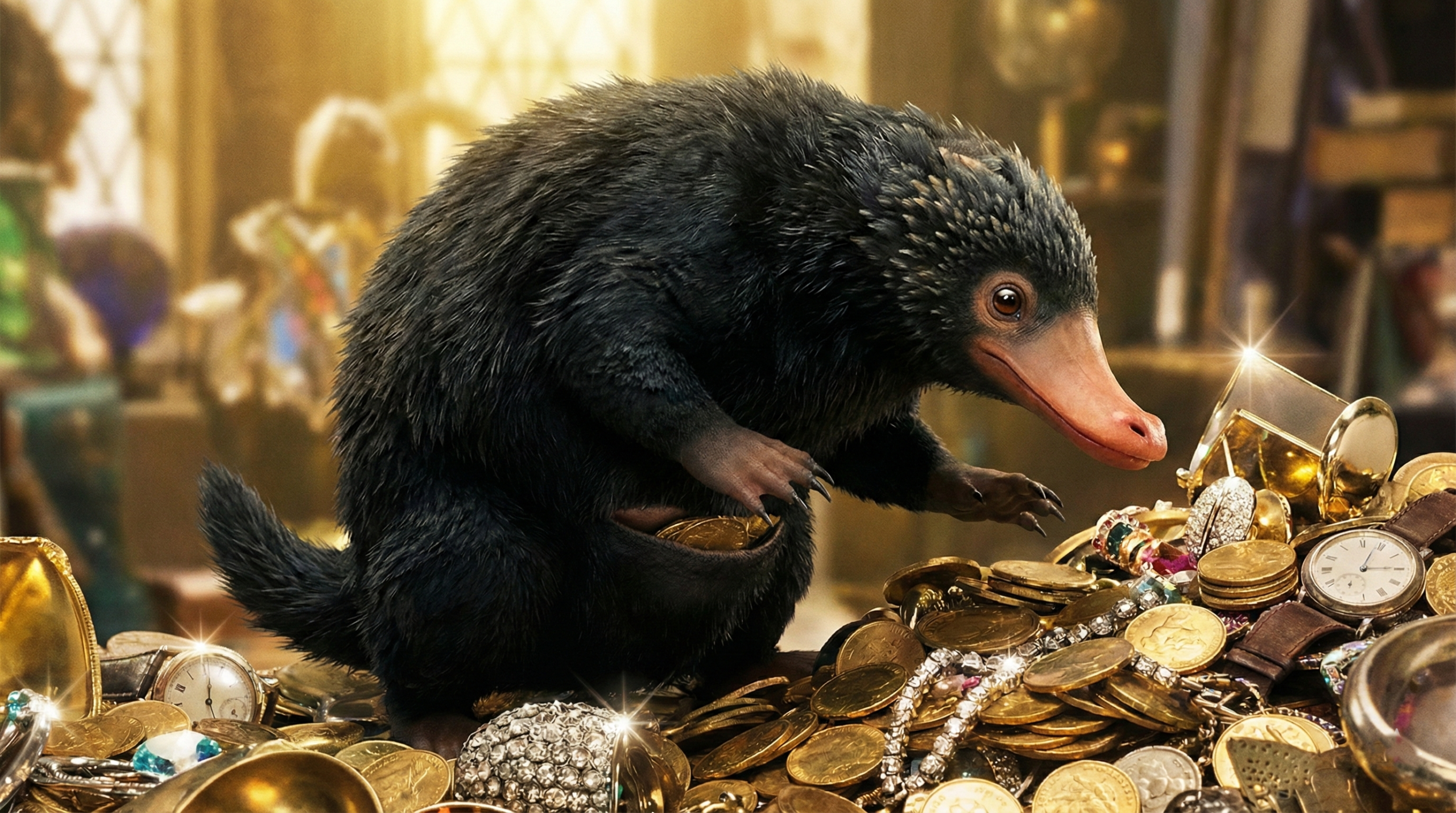 Harry Potter Niffler excitedly hunting and collecting shiny gold coins and jewels