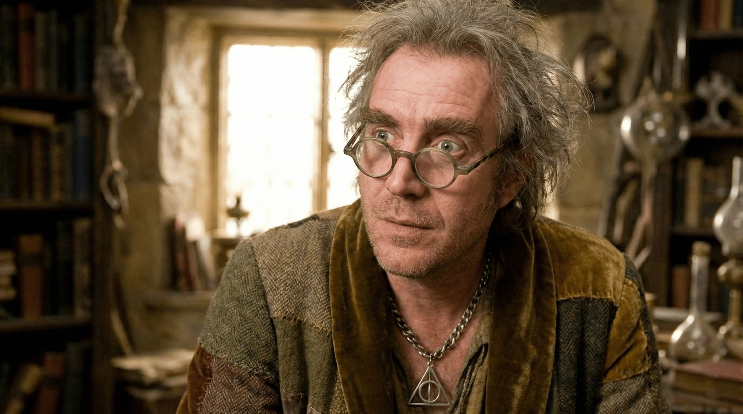 Rhys Ifans as Xenophilius Lovegood close-up portrait with wild hair and crooked spectacles in Harry Potter