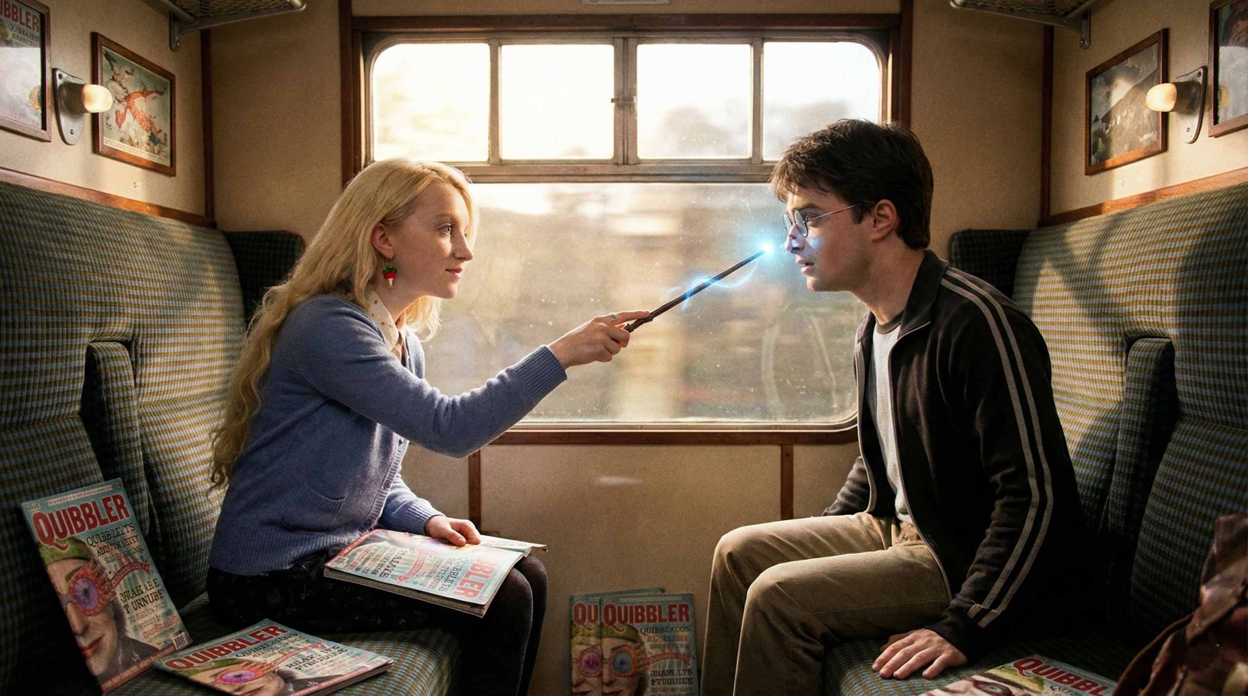 Luna Lovegood casting Episkey to heal Harry's broken nose on the Hogwarts Express