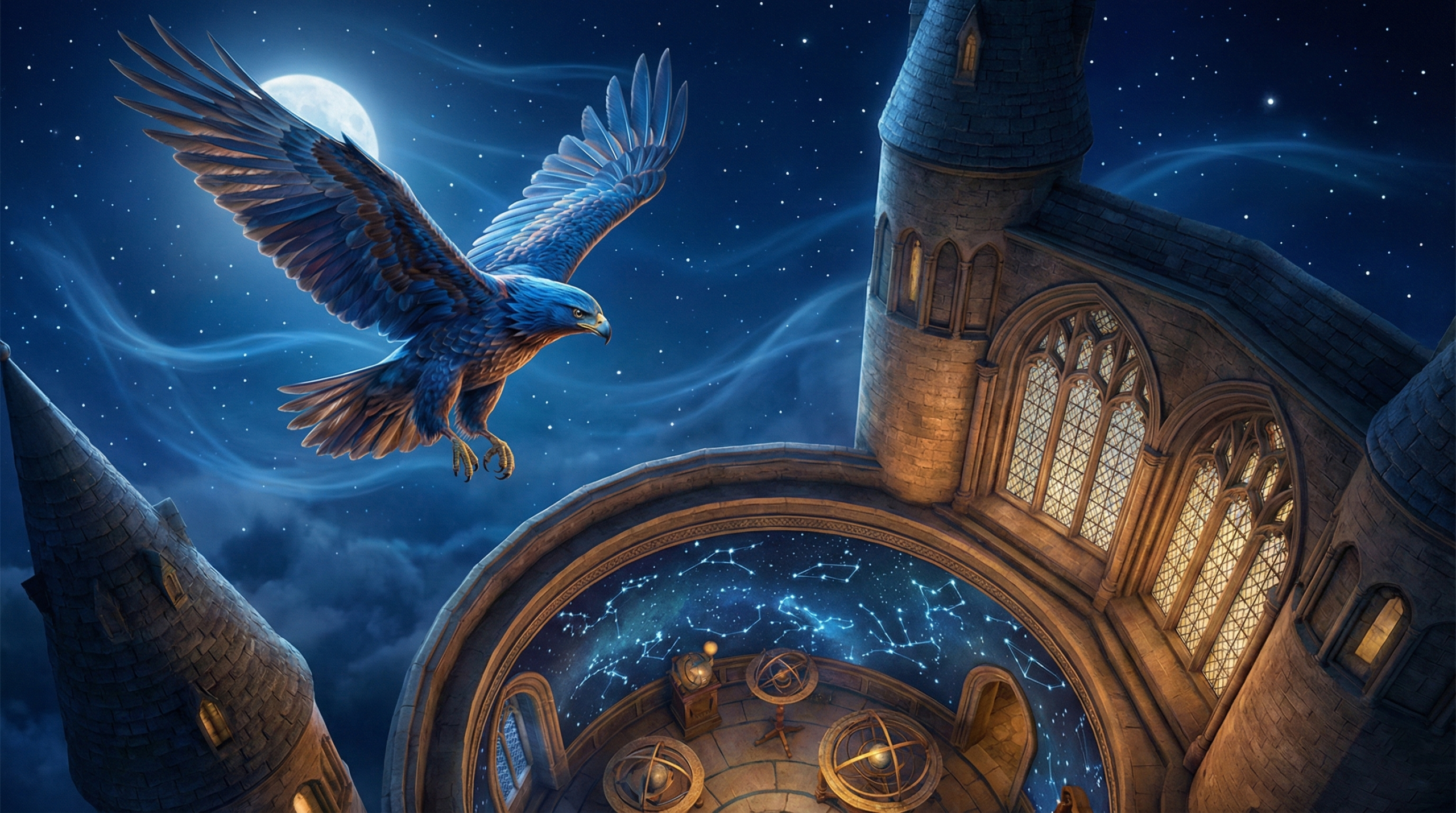 Ravenclaw eagle mascot soaring above starry tower in blue and bronze tones