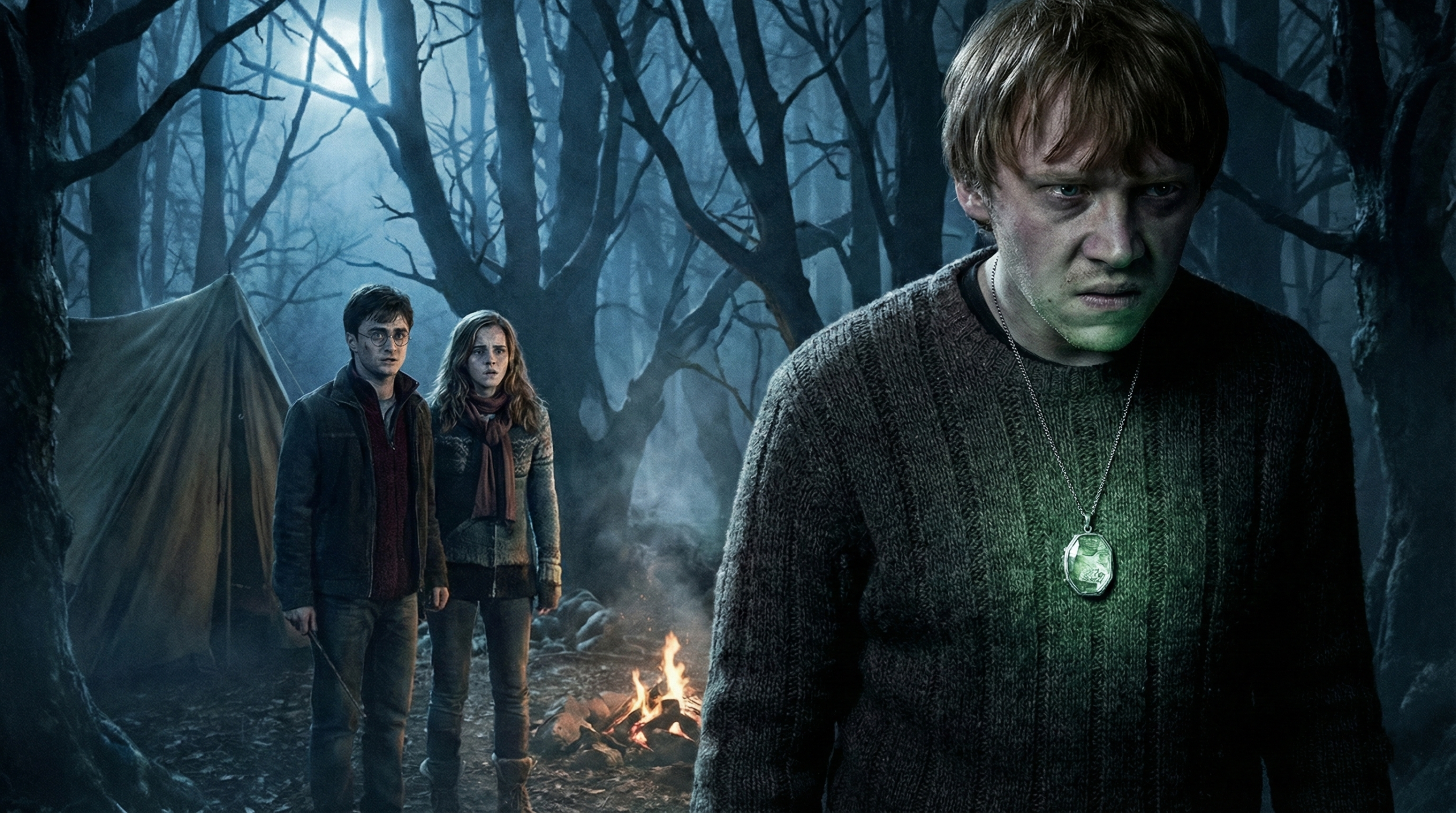 Ron tormented by the locket Horcrux vision, showing his deepest insecurities during the Horcrux hunt