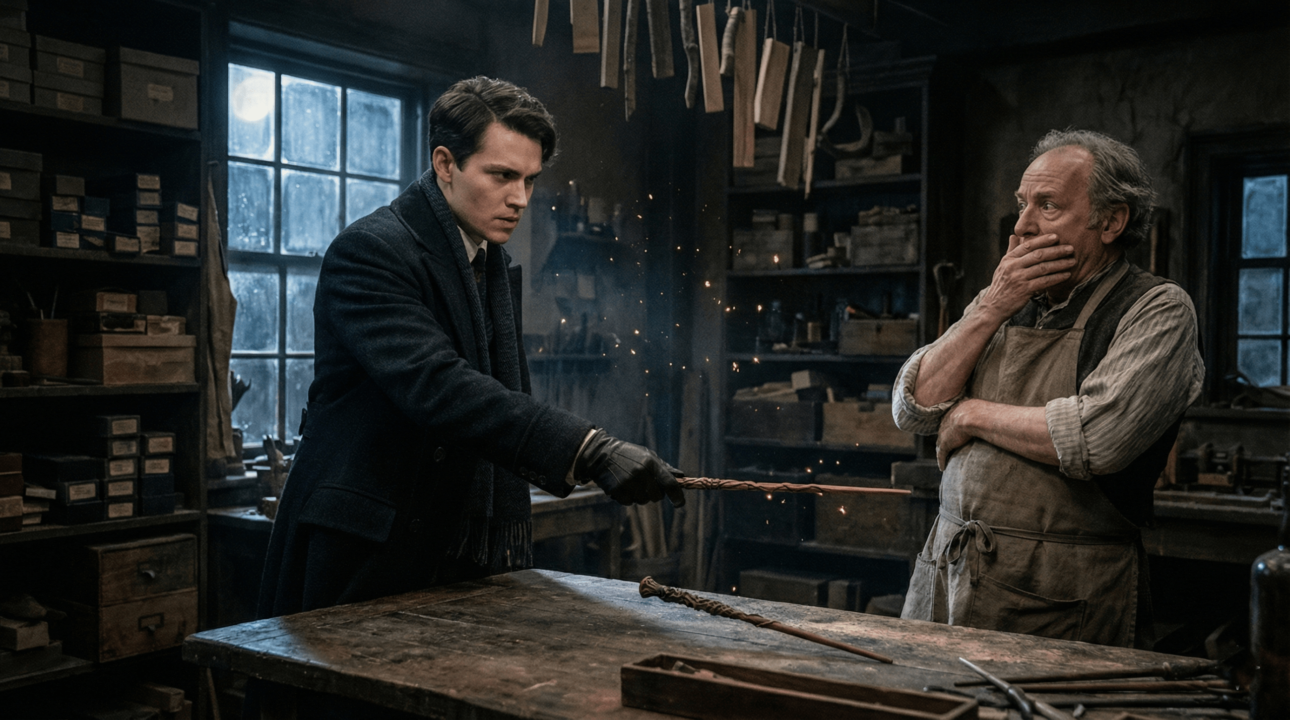 Gellert Grindelwald stealing the Elder Wand from wandmaker Gregorovitch in the Harry Potter series