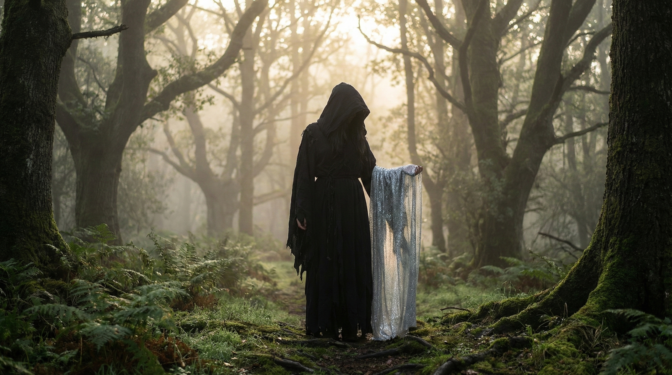 Symbolic image of Harry Potter holding the Cloak of Invisibility in the Forbidden Forest, representing humility and mastery of death