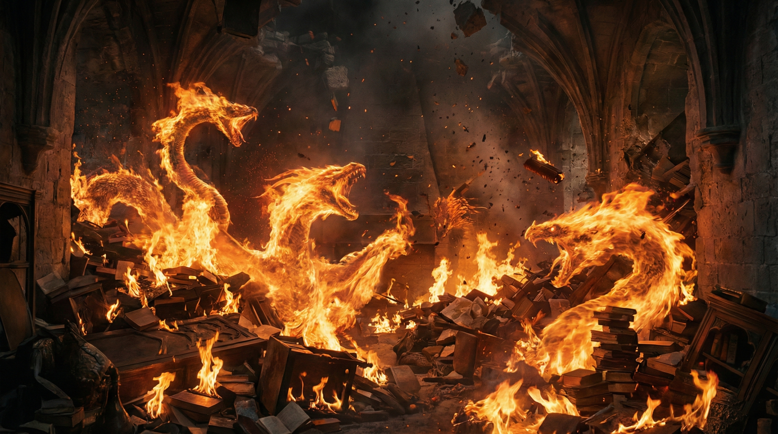 Fiendfyre curse unleashing dragon-shaped flames in the Room of Requirement