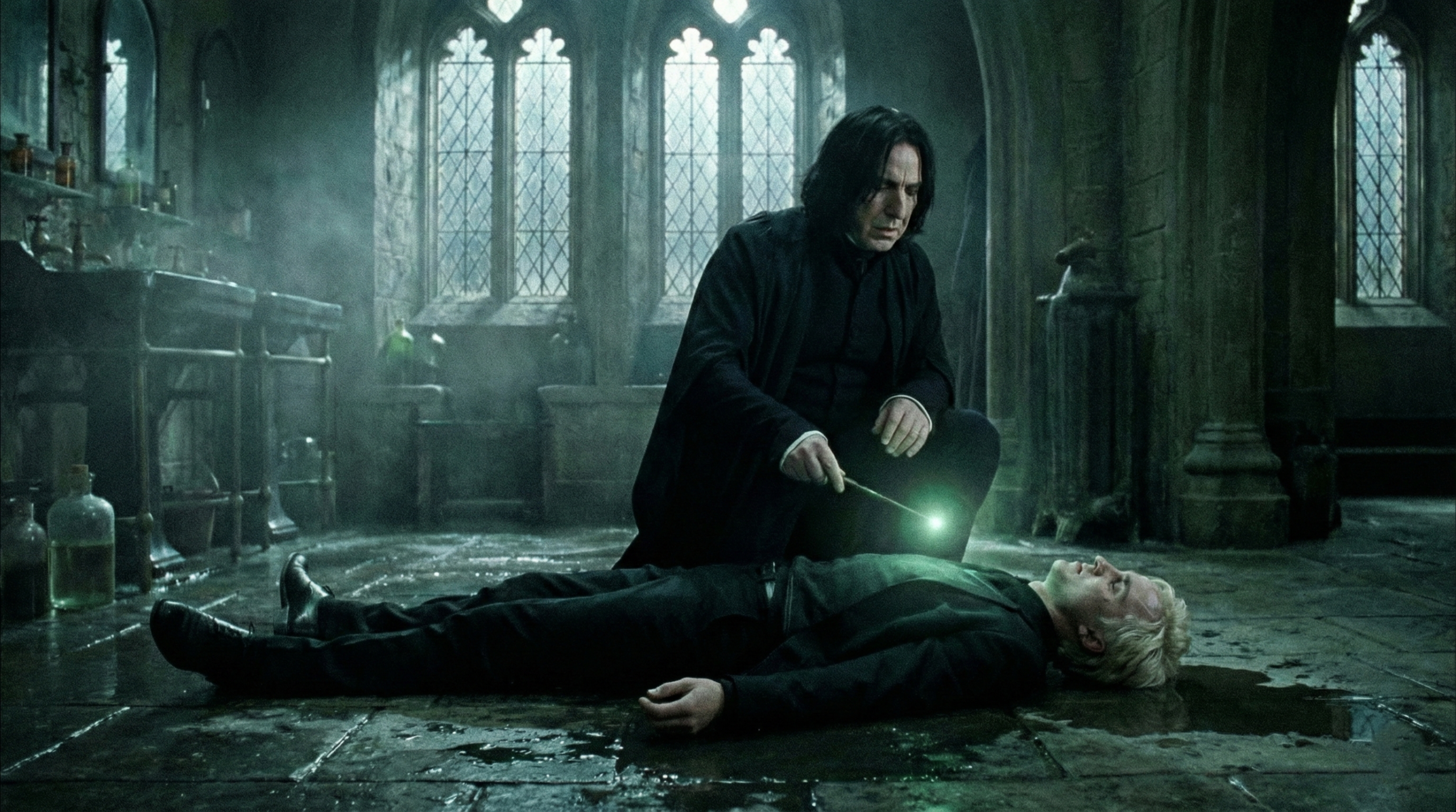 Severus Snape using Vulnera Sanentur to heal Draco Malfoy in the Hogwarts bathroom scene from Harry Potter and the Half-Blood Prince