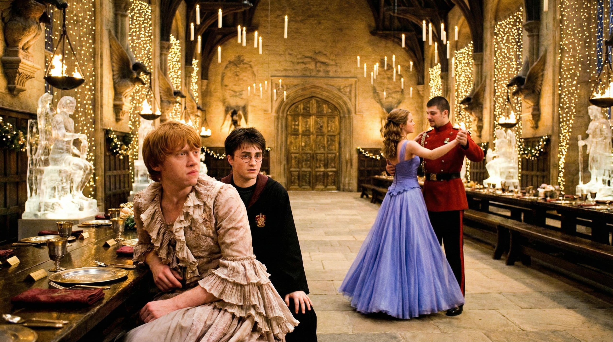 Ron’s jealousy during the Yule Ball as Hermione dances with Viktor Krum – a key moment of Golden Trio tension
