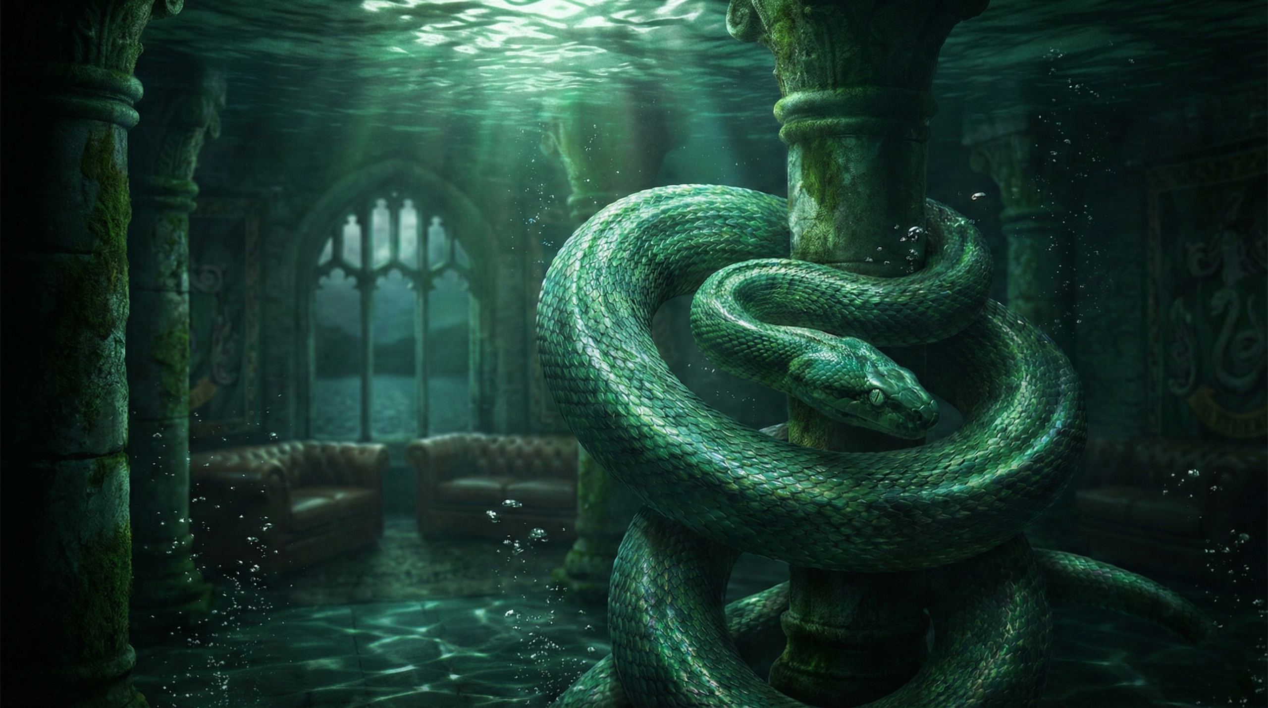 Slytherin serpent mascot in green and silver underwater dungeon setting