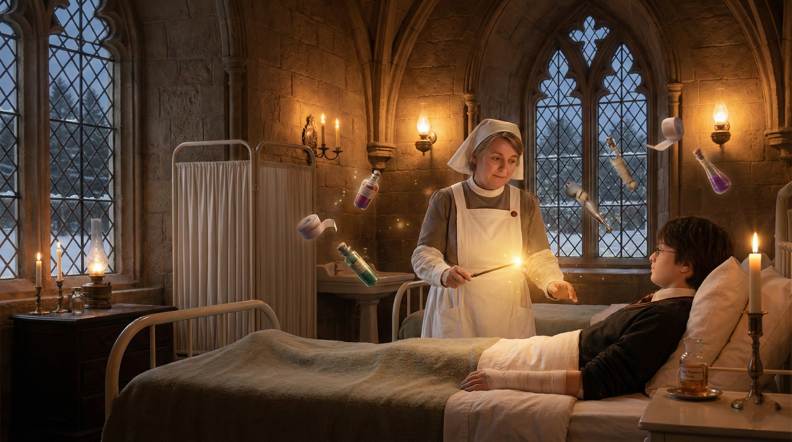 Madam Pomfrey performing healing magic in the Hogwarts hospital wing, Harry Potter series