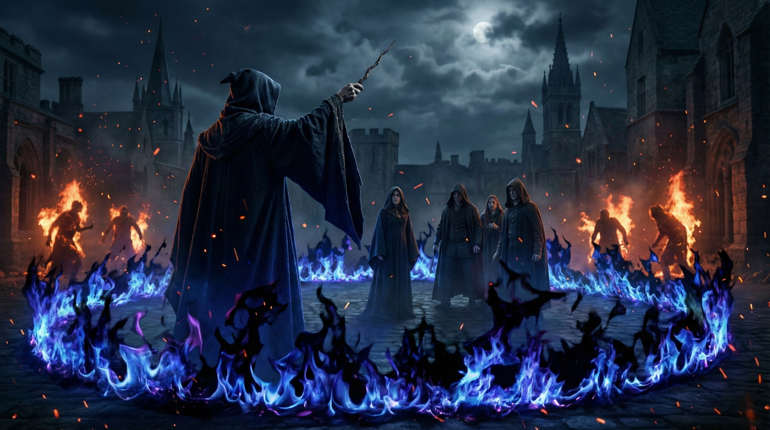 Grindelwald casting Protego Diabolica protective black fire ring