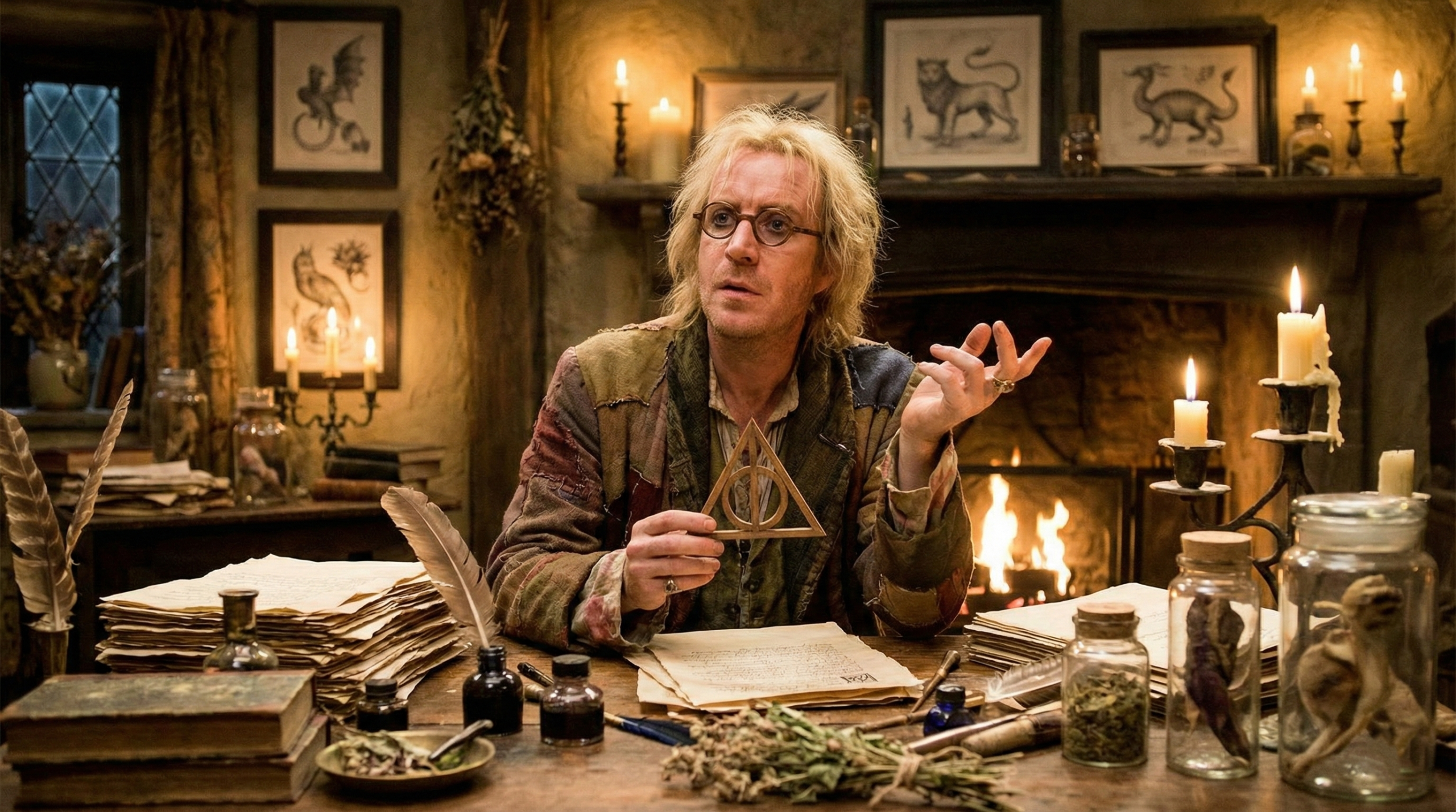 Xenophilius Lovegood explaining the Deathly Hallows legend with wooden symbol model in Harry Potter and the Deathly Hallows