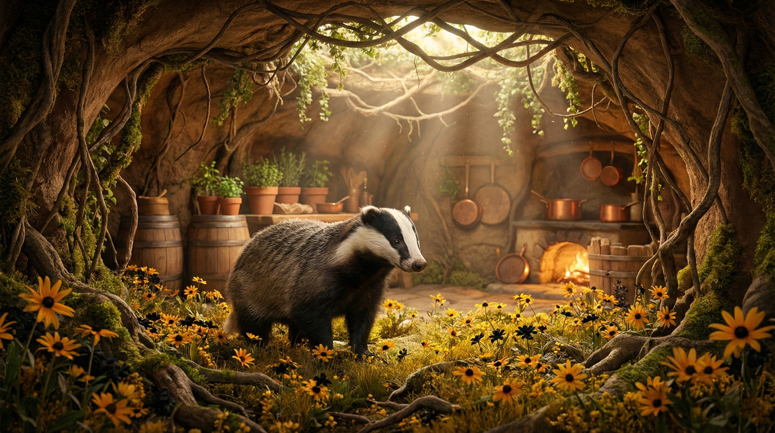 Hufflepuff badger mascot in yellow and black earthy cozy setting