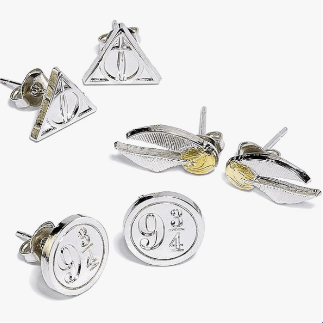 Harry Potter Official Stud Earring Set of 3 - Deathly Hallows/Golden Snitch/Platform 9 3/4

