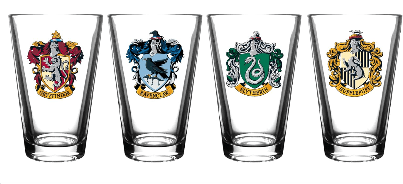 Harry Potter Pint Glass Set - Includes House Crests: Gryffindor, Slytherin, Hufflepuff, & Ravenclaw -16 oz. Capacity - Set of 4 Glasses
