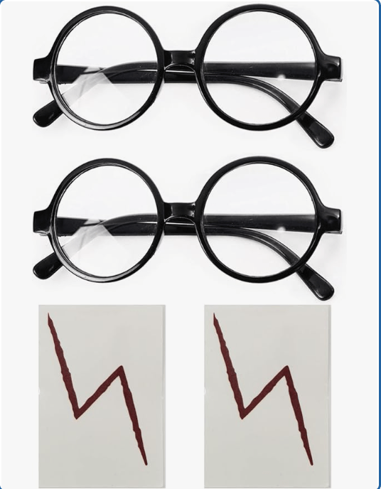 VIGUEUR 2PCS Round Wizard Glasses and 2PCS Lightning Bolt Tattoos Wizard Costume Plastic Glasses For Dress Up
