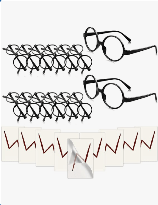 Wizard Glasses with Round Frame No Lenses Lightning Bolt Tattoos for Kids Adults Halloween Party Accessory
