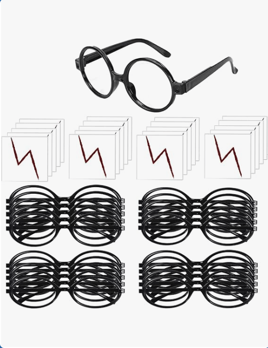 OPENDGO 20 PCS Wizard Glasses Set Black Round Frame No Lenses and 20 PCS Lightning Bolt Tattoos for Holiday St. Patrick's Day Cosplay Party Costumes Accessories,Magical Theme Party Decorations
