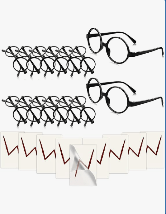 Wizard Glasses with Round Frame No Lenses Lightning Bolt Tattoos for Kids Adults Halloween Party Accessory
