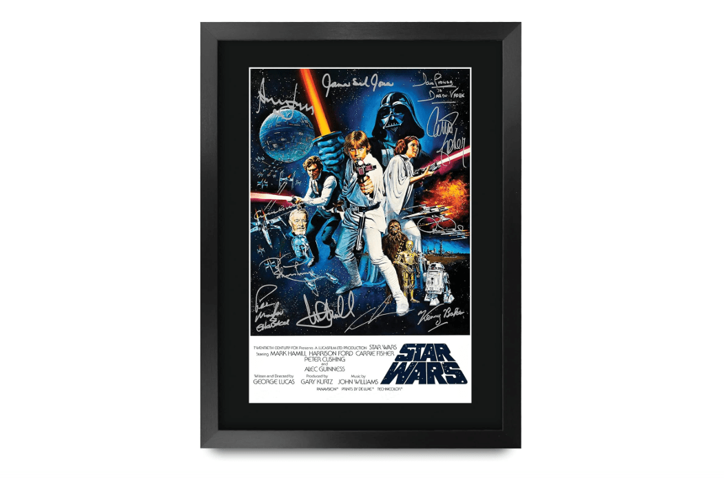 HWC Trading Star Wars a New Hope Movie Poster Cast Signed 16" x 12" Framed Gift Printed Autograph Film Mark Hamill Harrison Ford Carrie Fisher Alec... 