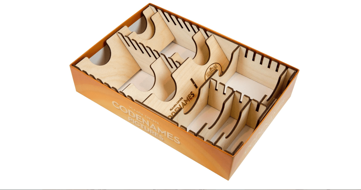 The Broken Token Board Game Organizer - Codenames Compatible Wood Storage Box with Multiple Dividers 