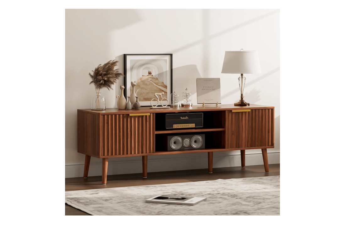 LCRBOL TV Stand for Living Room, Mid Century Modern Entertainment Center for 55/60 inch TVs, TV Console with Fluted Door Cabinets and Open Shelves, for...