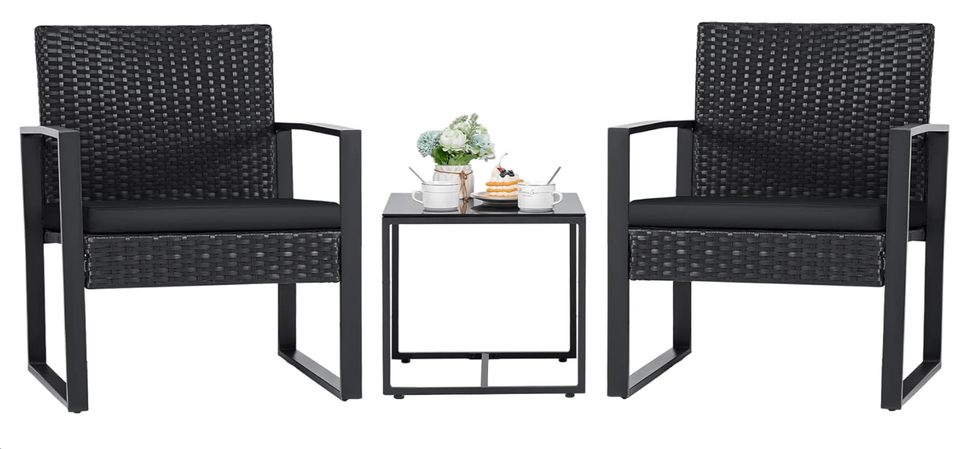 Flamaker 3 Pieces Outdoor Patio Wicker Furniture Set, Modern Rattan Chair Conversation Sets with Coffee Table for Yard and Bistro (Black)
