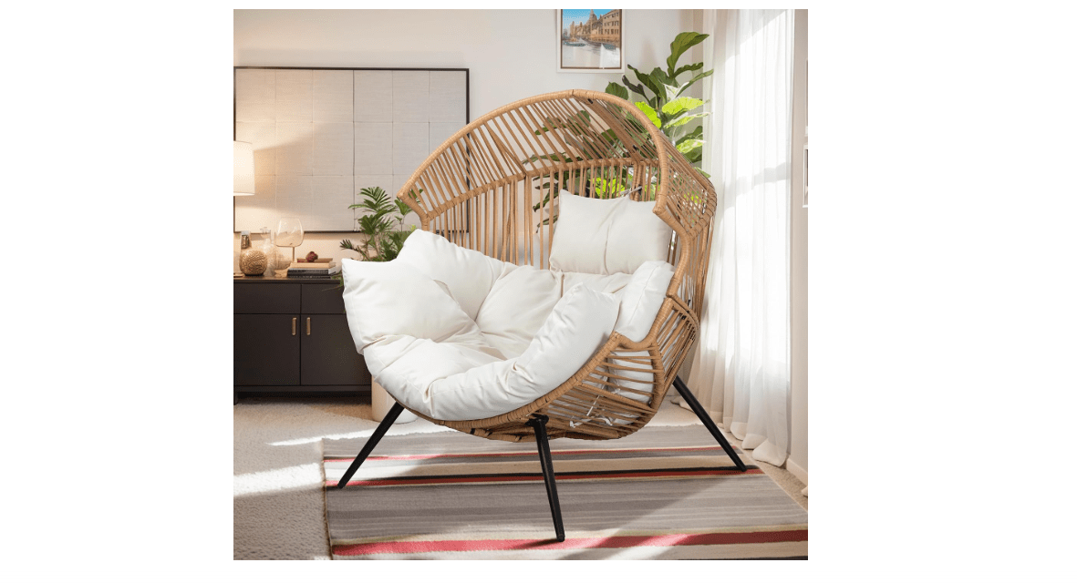 Vongrasig Outdoor Wicker Egg Chair PE Rattan Chair with Cushion, Oversized Patio Lounge Chair for Outdoor, Indoor, Balcony, Backyard, Garden, Beige
