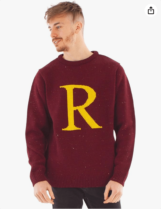 Harry Potter R for Ron Adults Christmas Jumper | Ron Weasley Letter R Xmas Knitted Sweatshirt | Movie Apparel Gift in Red