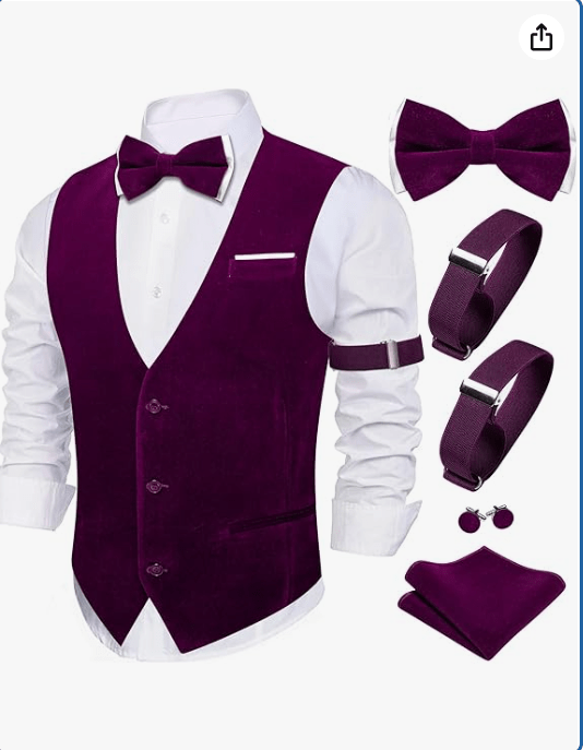 Barry.Wang Men's Velvet Vests Formal Waistcoat Bowtie Set Hanky Cufflinks Armband Wedding Party Tuxedo Vest 6PCS