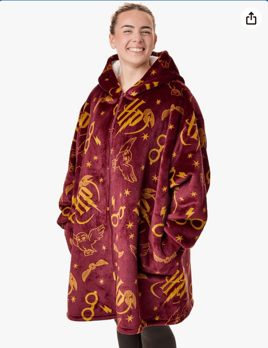 Harry Potter Womens Wearable Blanket Hoodie | Adults Hooded Zip Fleece in Burgundy | HP Hedwig Owl Print Sherpa Loungewear
