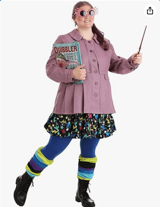 Plus Size Deluxe Harry Potter Luna Lovegood Costume for Women, Pink Jacket, Blue Leggings & Stripped Leggings
