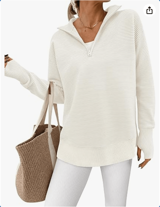 PRETTYGARDEN Womens Long Sleeve Quarter Zip Pullover Sweater Casual Loose V Neck Collared Ribbed Knit Jumper Tops Thumb Hole 