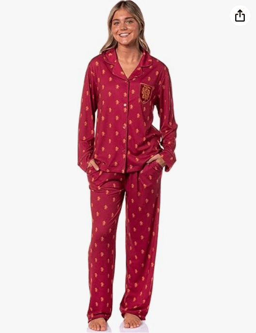 Harry Potter Women's Gryffindor Allover Lion Design Classic Pajamas Button-Up Top and Pants Lounge Sleep Set
