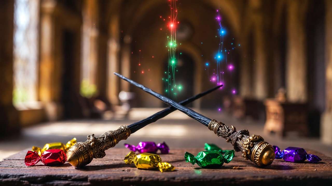 Crossed Harry Potter wands with modern candy wrappers symbolizing Gen Z fan creativity and remixing