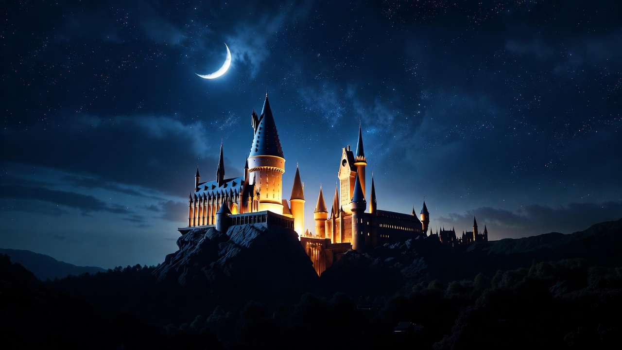 Hogwarts Castle at night magical fantasy landscape Harry Potter series