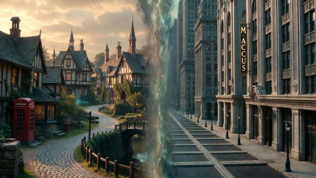 Visual contrast between British Muggle world and American No-Maj wizarding culture