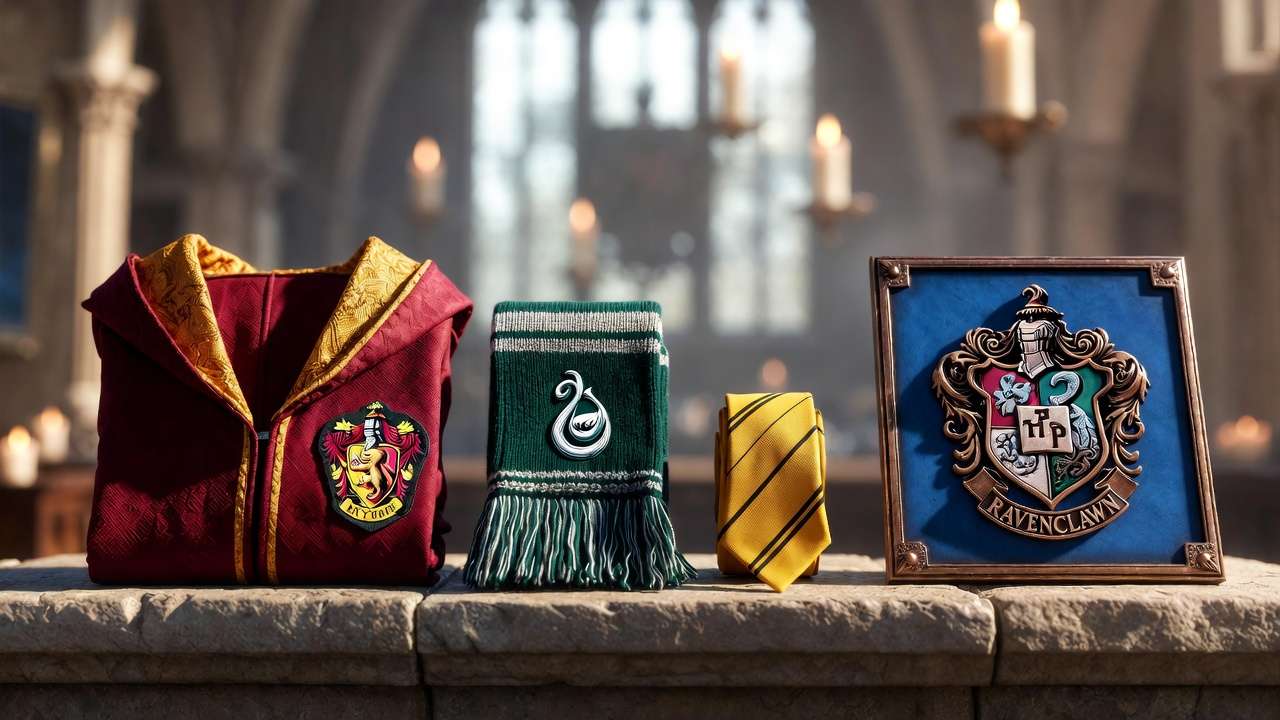 Official Harry Potter Hogwarts house robes, scarves, ties and crests displayed together for house pride collection