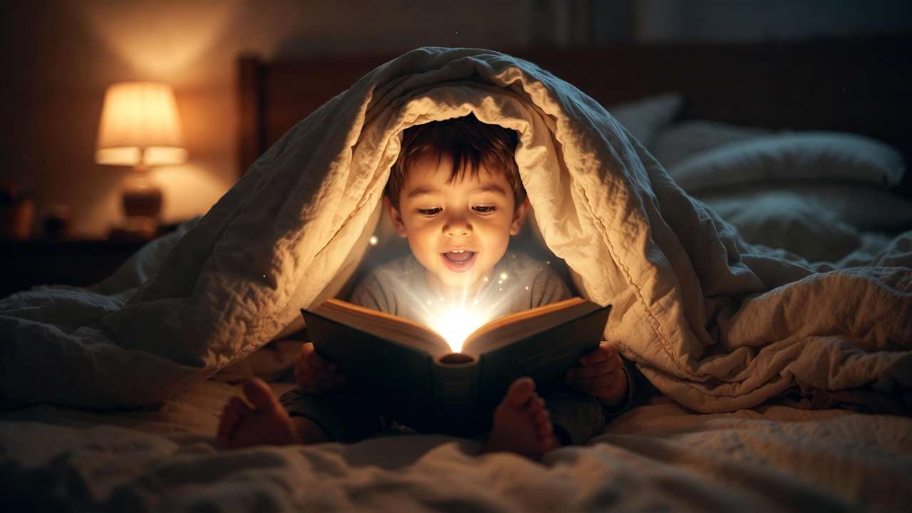 Child reading Harry Potter book under blanket with magical light