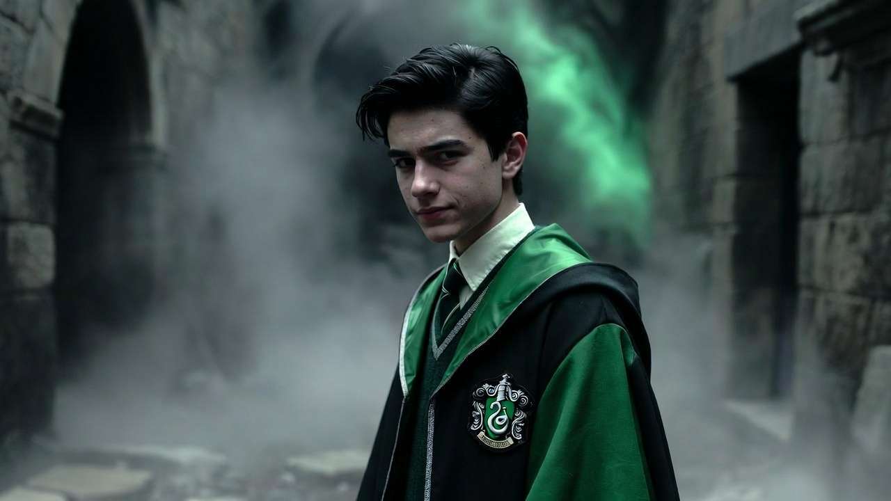 Charismatic Slytherin boy Lorenzo Berkshire in emerald robes, foggy Hogwarts corridor, dark academia style.