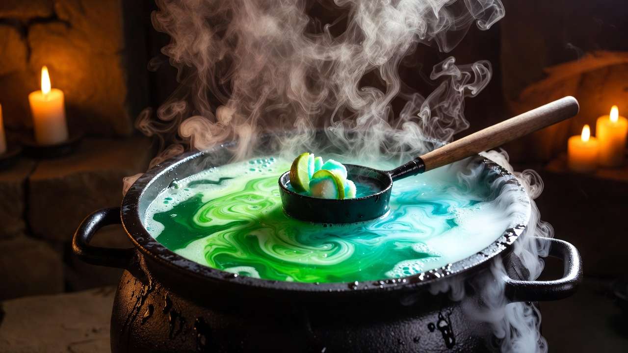 Bubbling color-changing Polyjuice Potion punch in a cauldron with swirling smoke